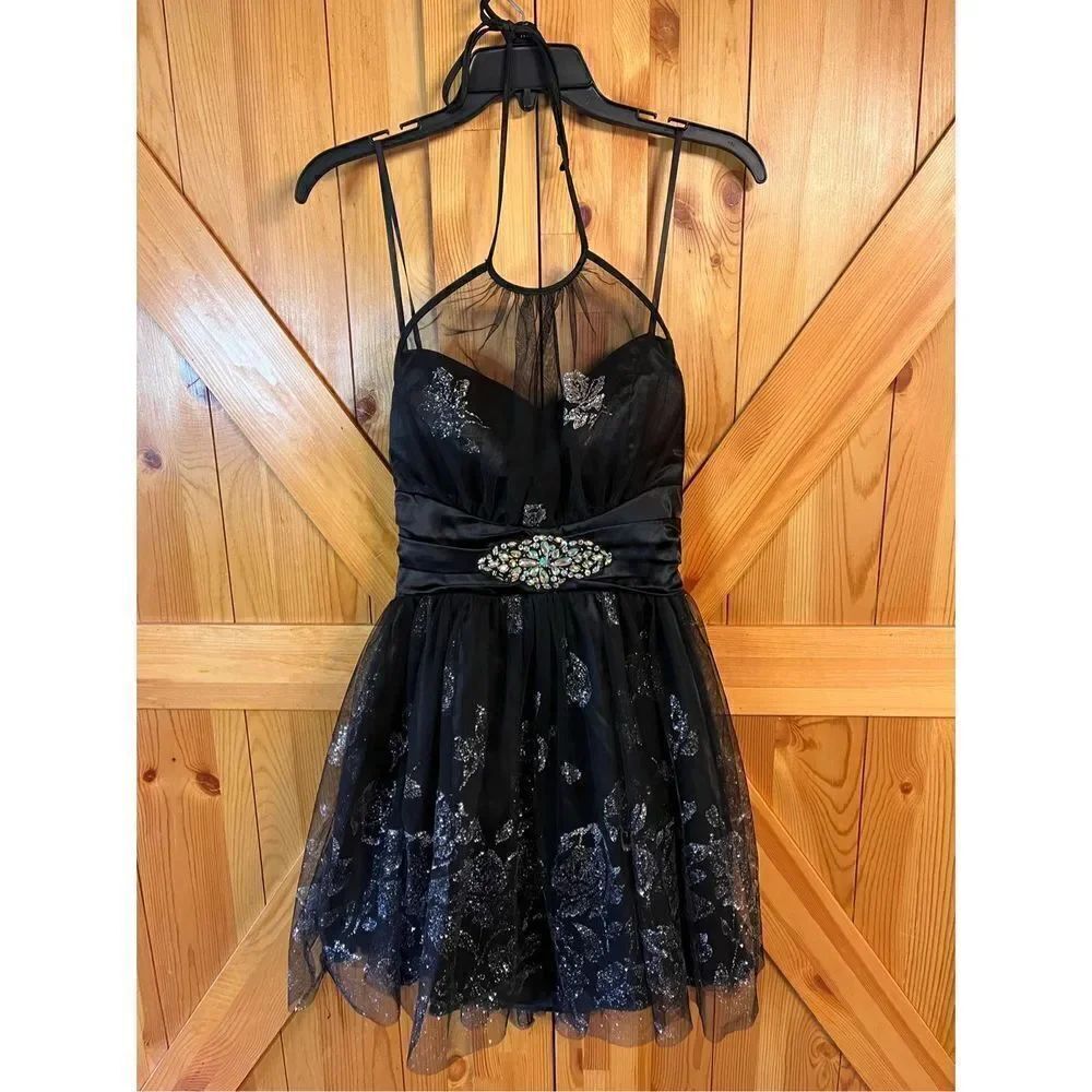 Deb Black Dress Halter floral Sparkly size 7/8 (3018)